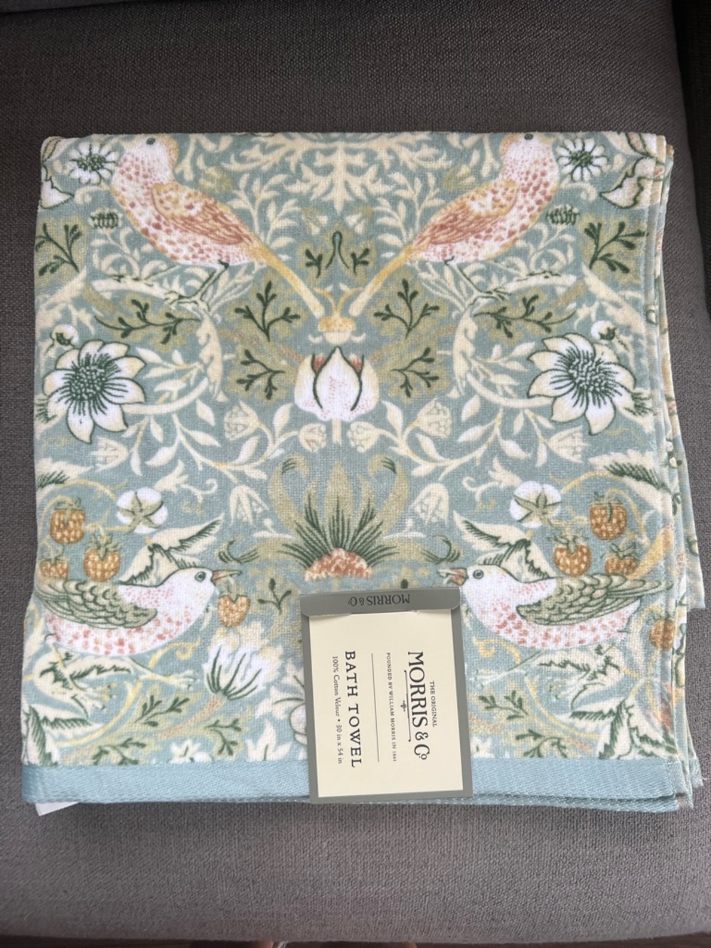 William Morris Strawberry Thief Floral Velour Bath Towel Set 2 pc